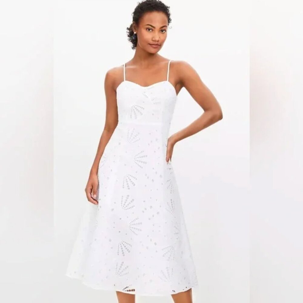 LOFT | White Shell Eyelet Midi Dress Spaghetti Straps | Size 10P - Picture 2 of 14